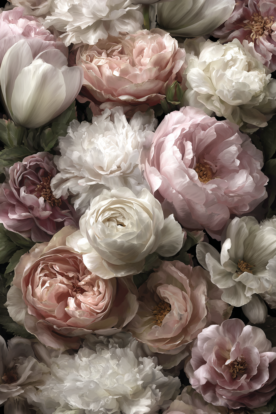 Arrangement Mit Pfingstrosen Und Tulpen Vor Dunklem Hintergrund | Rosen Tulpen Lavendel | Blumen