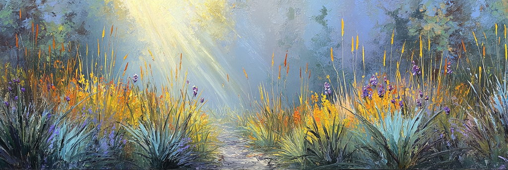 Landschaft Mit Bunten Nebel Und Lichtstrahlen | Rosen Tulpen Lavendel | Blumen