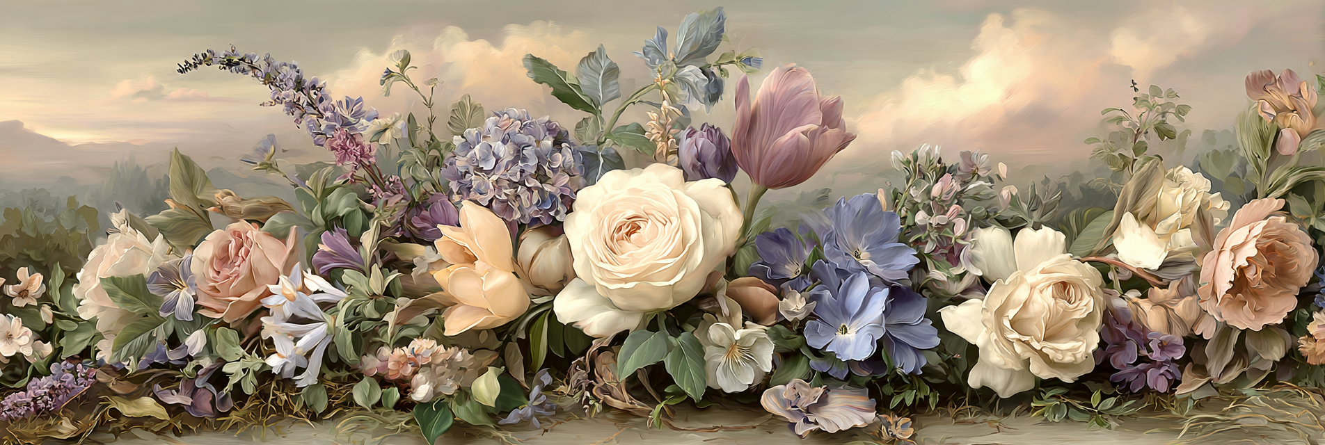 Romantische Landschaft Mit Rosen Und Tulpen Im Morgendlichen Pastelllicht | Rosen Tulpen Lavendel | Blumen