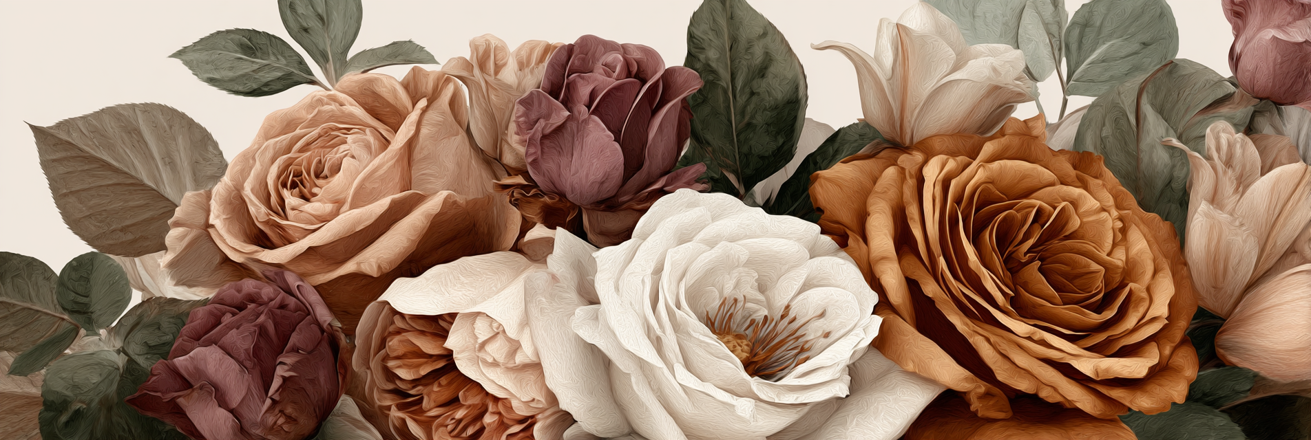 Sanftes Rosengesteck Mit Blättern In Beige Creme Terrakotta Und Mauve Im Malerischen Stil | Rosen Tulpen Lavendel | Blumen