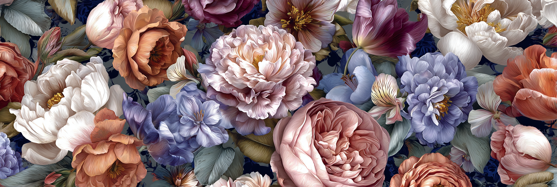 Illustration Mit Pfingstrosen Rosen Und Weiteren Blüten Vor Dunklem Hintergrund | Rosen Tulpen Lavendel | Blumen