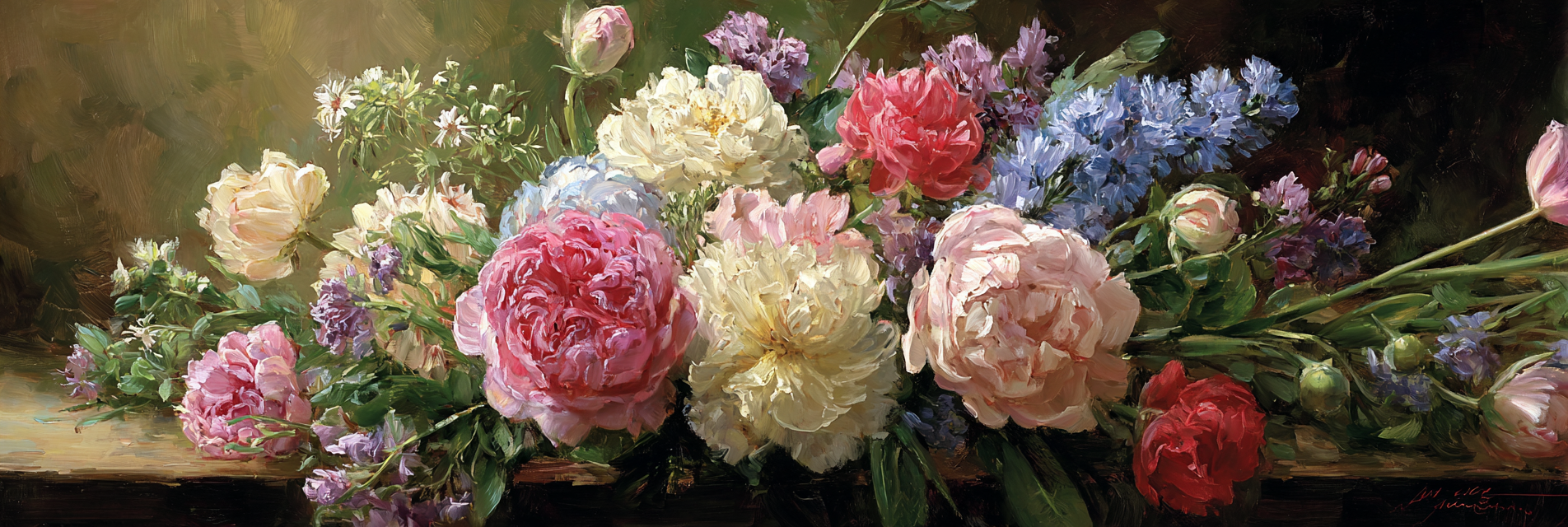 Stillleben Mit Pfingstrosen Und Verschiedenen Blüten | Rosen Tulpen Lavendel | Blumen
