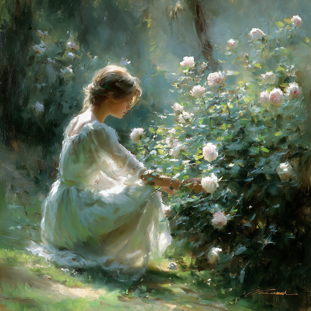 Frau Am Rosenstrauch | Rosen Tulpen Lavendel | Blumen