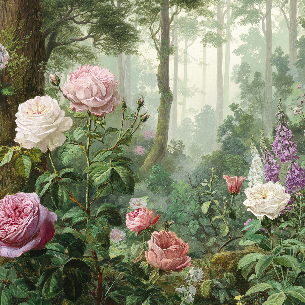 Malerische Waldszene Mit Rosen Und Blütenpflanzen In Dunstiger Atmosphäre | Rosen Tulpen Lavendel | Blumen