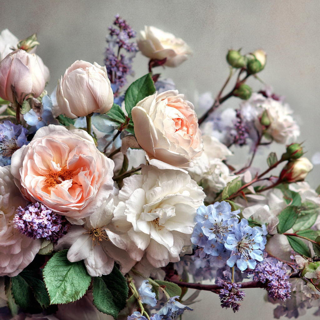 Pastellrosen Und Hellblaü Blüten Mit Zarten Grünen Akzenten | Rosen Tulpen Lavendel | Blumen