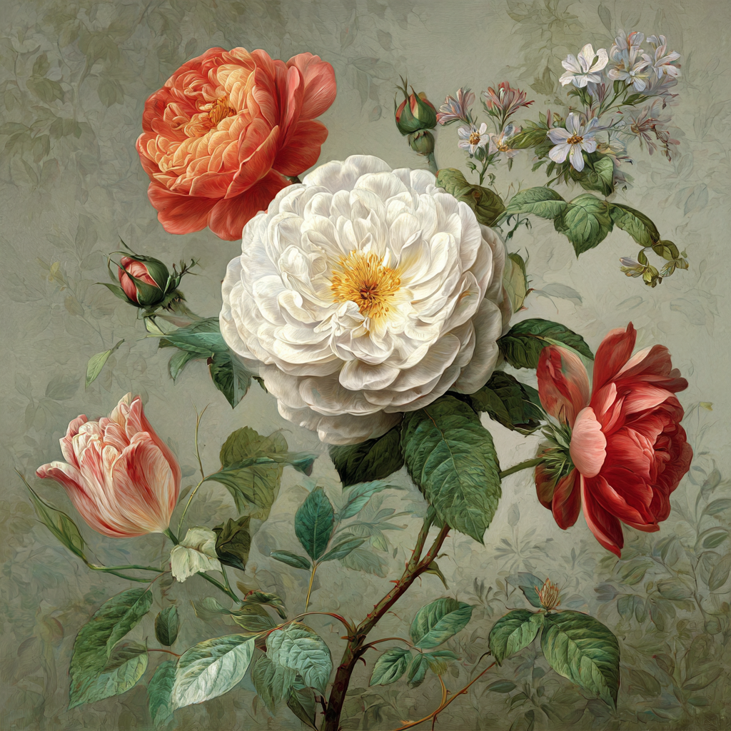 Romantisches Gemälde Mit Weissen Und Roten Peonien | Rosen Tulpen Lavendel | Blumen