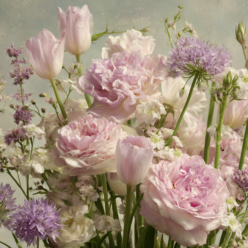 Sanftes Pastell Arrangement Aus Tulpen Und Pfingstrosen | Rosen Tulpen Lavendel | Blumen