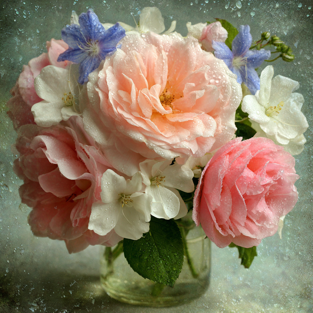 Schoner Strauss Mit Tautropfen In Zarten Rosa Weiss Und Blau | Rosen Tulpen Lavendel | Blumen