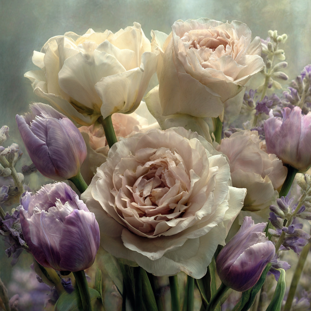 Zarte Rosen Und Tulpen Im Weichen Hintergrund | Rosen Tulpen Lavendel | Blumen