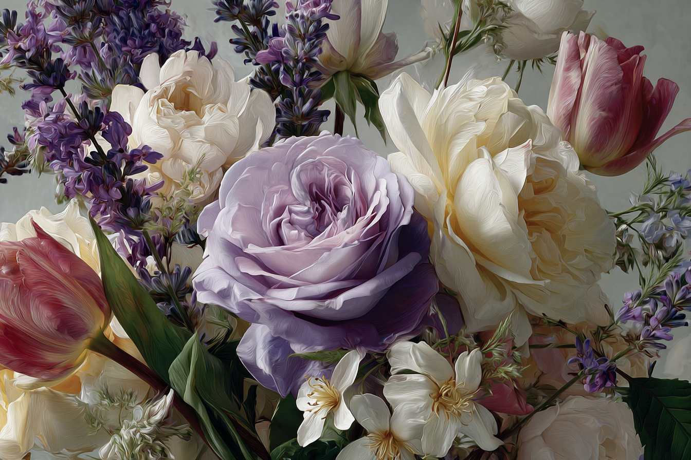 Florales Gemälde Mit Rosen Tulpen Und Frühlingsblüten | Rosen Tulpen Lavendel | Blumen
