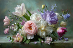 Lebhafter Strauss Mit Pfingstrosen Und Tulpen | Rosen Tulpen Lavendel | Blumen