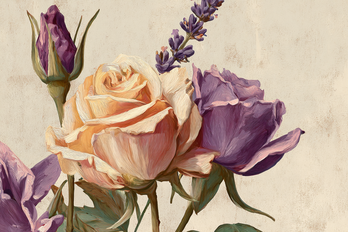 Nahaufnahme Einer Pfirsichfarbenen Rose Purpurrose Und Lavendelzweig | Rosen Tulpen Lavendel | Blumen