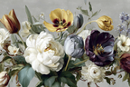 Schöne Komposition Mit Tulpen Und Pfingstrosen Vor Strukturiertem Hintergrund | Rosen Tulpen Lavendel | Blumen