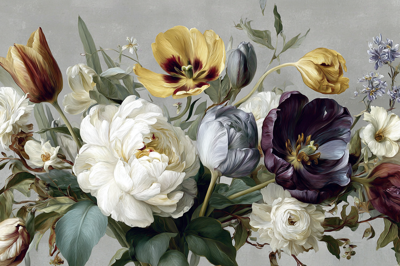 Schöne Komposition Mit Tulpen Und Pfingstrosen Vor Strukturiertem Hintergrund | Rosen Tulpen Lavendel | Blumen