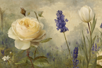 Stilisierte Gemälde Mit Cremefarbener Rose Weisser Tulpe Und Lila Blüten | Rosen Tulpen Lavendel | Blumen