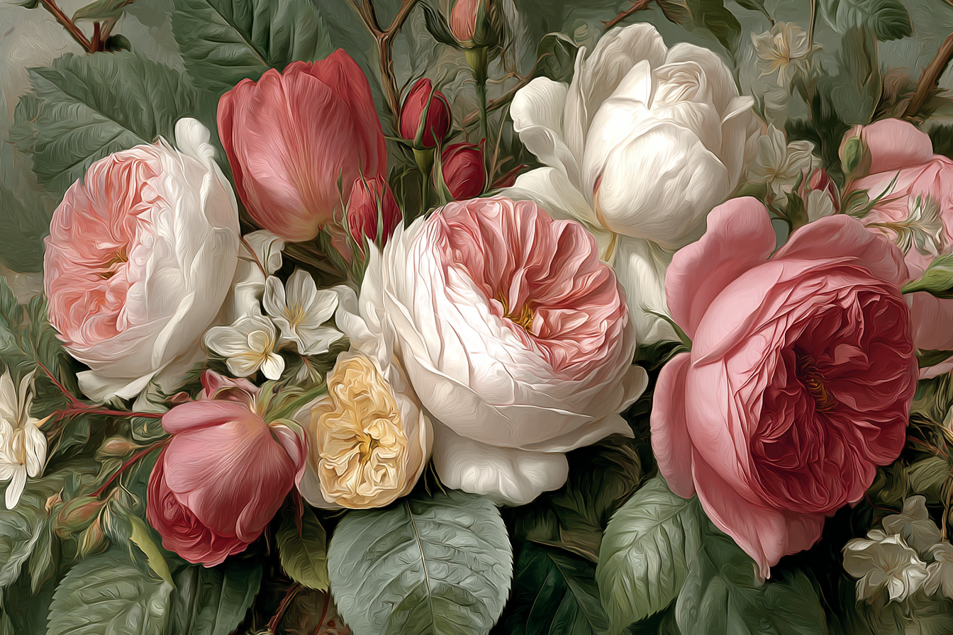 Strauss Mit Rosen Und Grünen Blättern Im Malerischen Stil | Rosen Tulpen Lavendel | Blumen