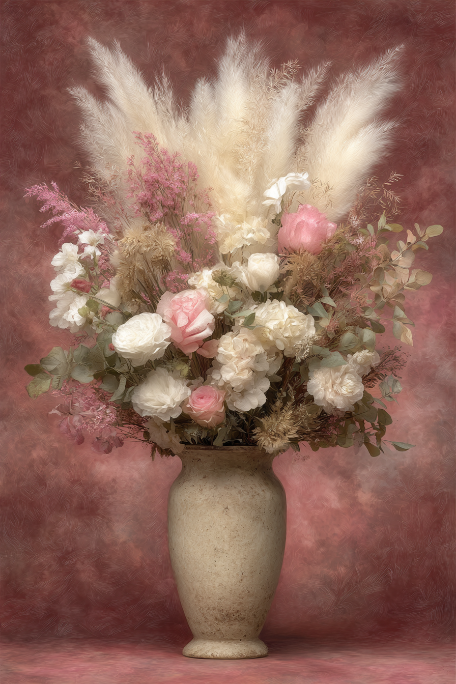 Trocken Retro Flowers Arrangement In Dekorativem Vase Mit Rosen Und Getrockneten Blüten | Trockenblumen Retro Flowers | Blumen
