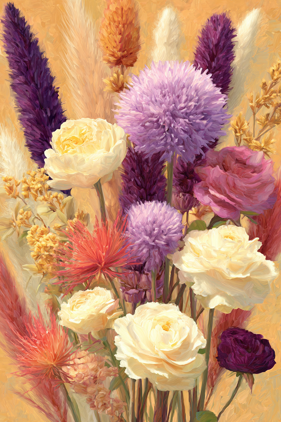 Trocken Retro Flowers Blumige Anordnung Vibrant Purple Gelb Orange Rosa Künstlerisch | Trockenblumen Retro Flowers | Blumen