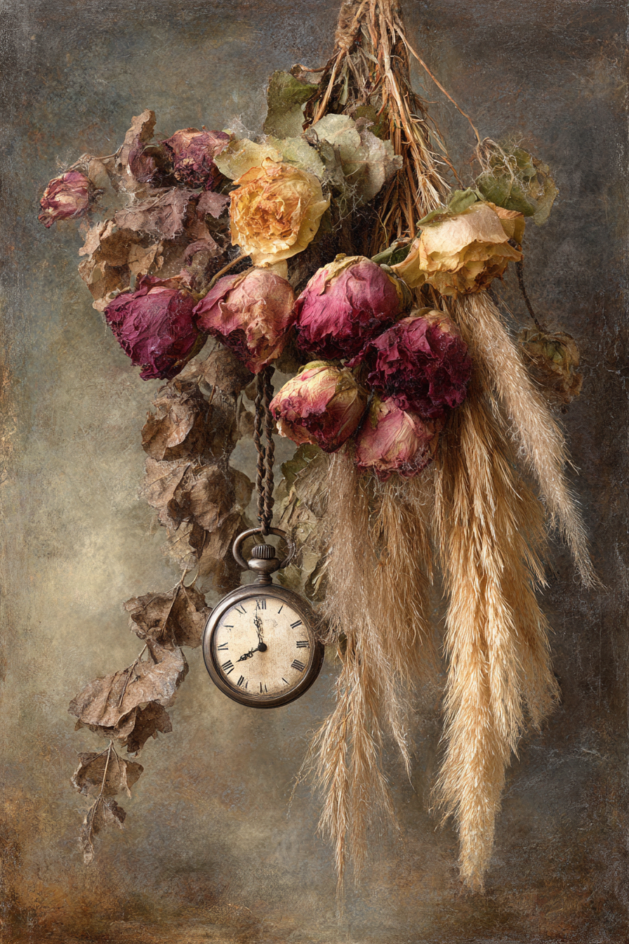 Trocken Retro Flowers Getrocknete Rosen Mit Vintage Uhr Der Verganglichkeit | Trockenblumen Retro Flowers | Blumen