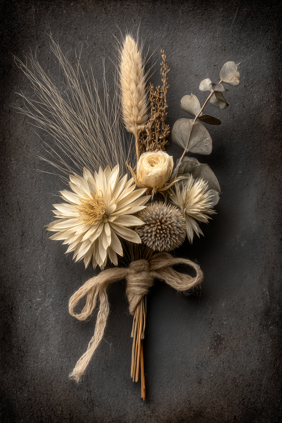 Trocken Retro Flowers Getrocknete Straus Mit Gras Schnur Dunkler Hintergrund | Trockenblumen Retro Flowers | Blumen