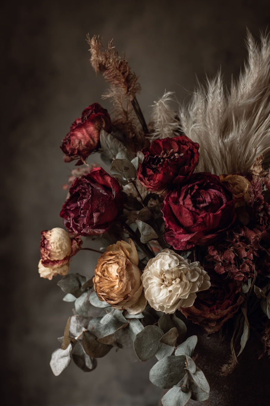 Trocken Retro Flowers Getrocknete Strauss Rot Gelb Eukalyptus Gras | Trockenblumen Retro Flowers | Blumen