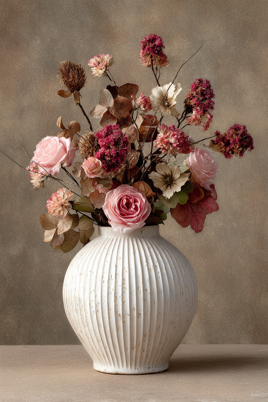 Trocken Retro Flowers Schöne Anordnung In Einem Dekorativen Vase Mit Rosen Und Dried Foliage | Trockenblumen Retro Flowers | Blumen