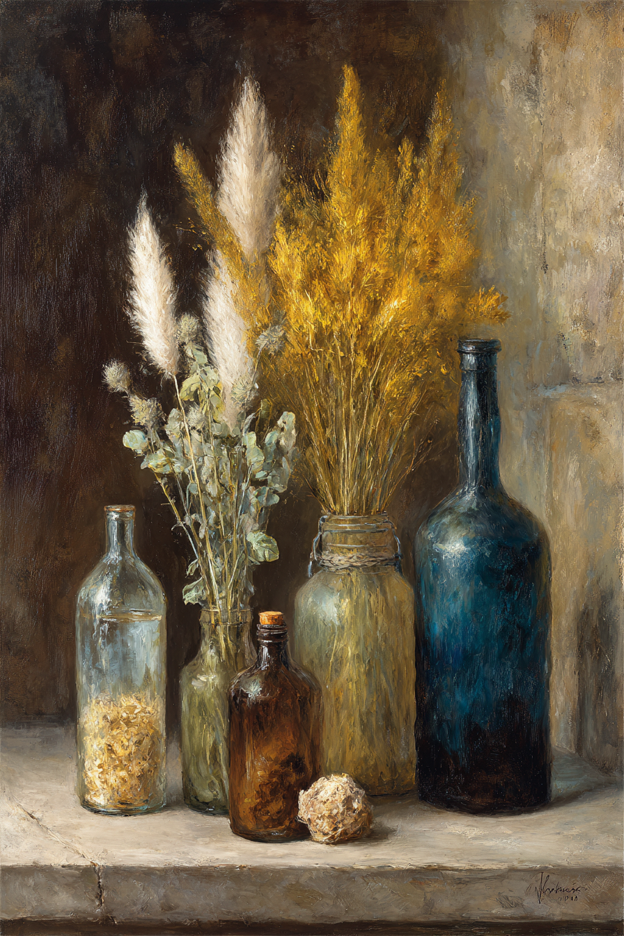 Trocken Retro Flowers Still Life Arrangement Mit Glass Flaschen Und Pflanzen | Trockenblumen Retro Flowers | Blumen