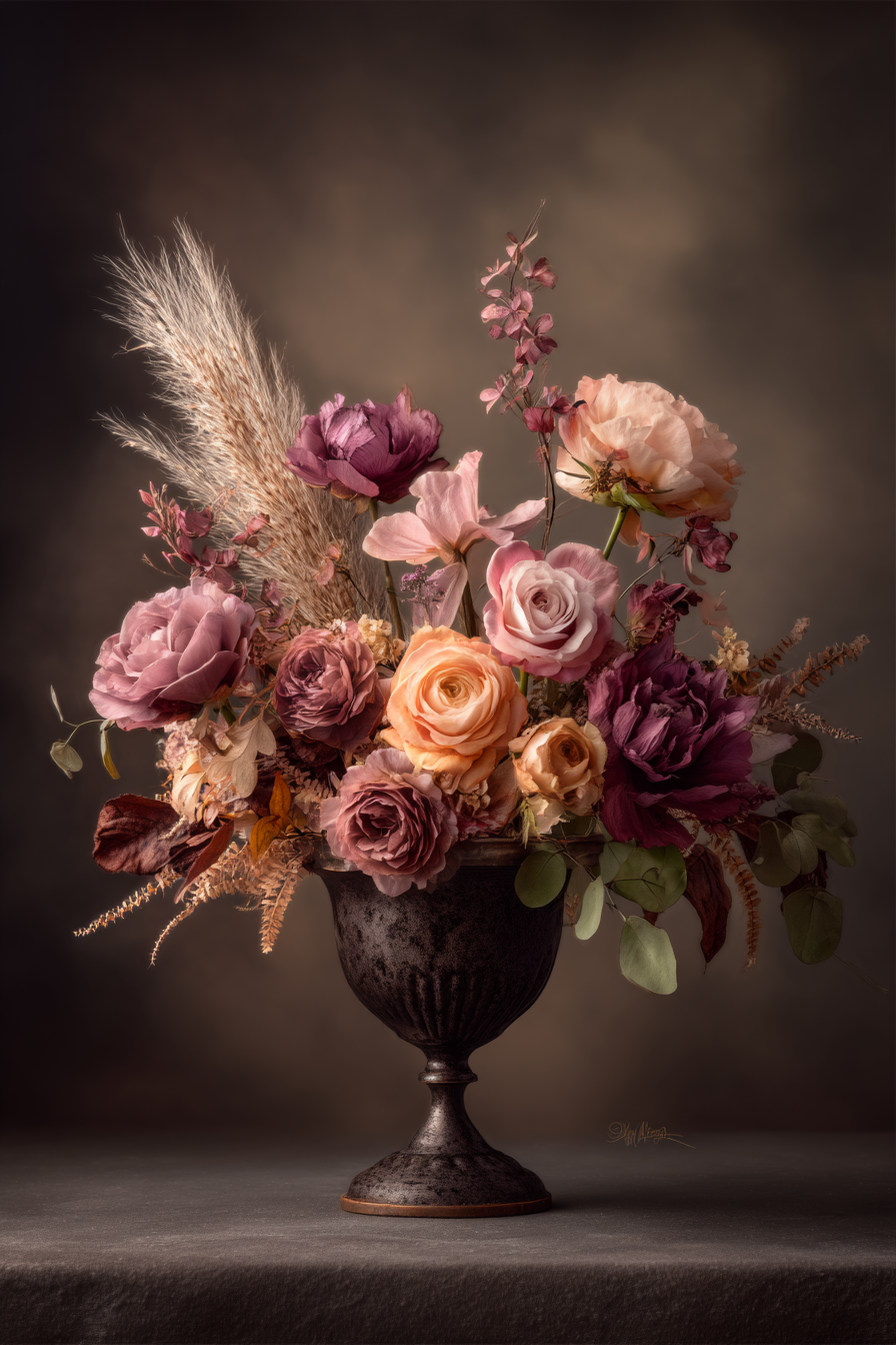 Trocken Retro Flowers Wunderschöne Gesteck Im Verzierten Vase Rosen Und Päonien Mit Trocken | Trockenblumen Retro Flowers | Blumen