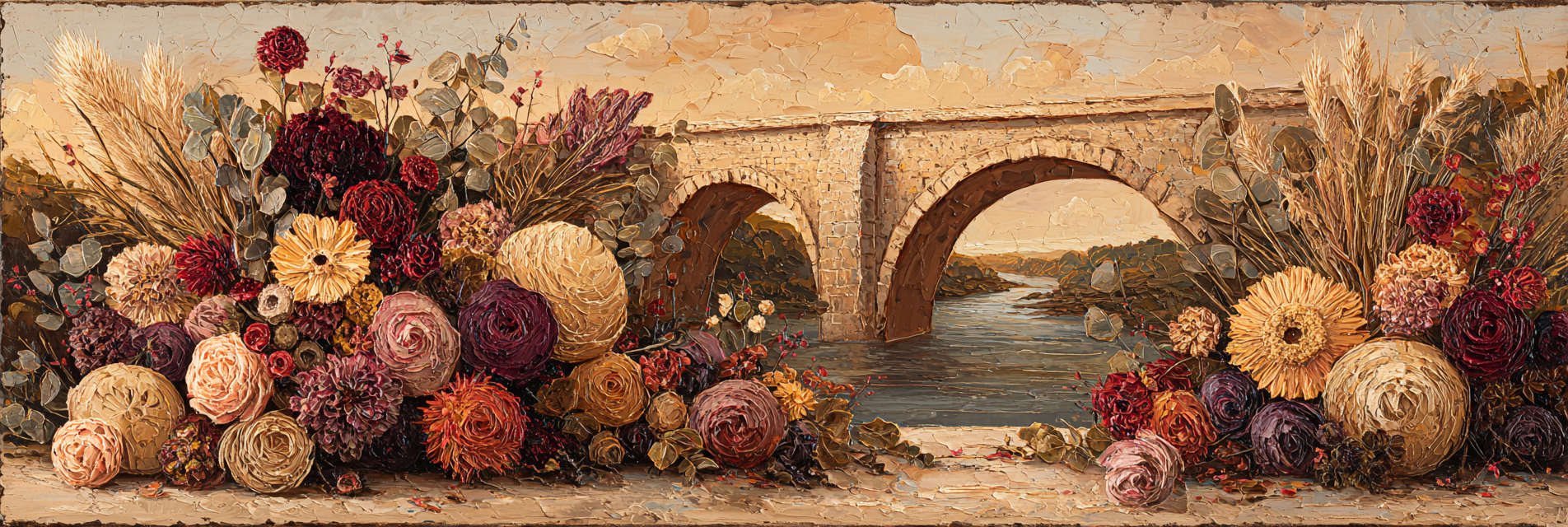 Trocken Retro Flowers Steinbrücke Über Fluss Umgeben Von Bei Sonnenuntergang | Trockenblumen Retro Flowers | Blumen
