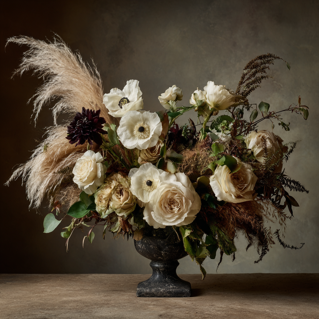 Trocken Retro Flowers Elegante Arrangement In Dunkel Vase Mit Rosen Anemonen Und Grünzeug | Trockenblumen Retro Flowers | Blumen