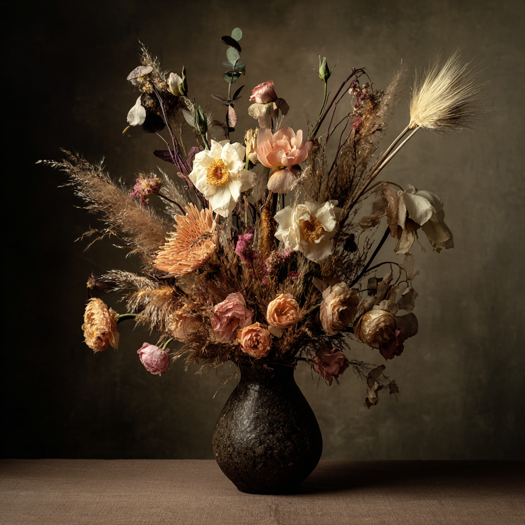 Trocken Retro Flowers Getrocknete Kranz Im Dunklen Vase Mit Warmem Hintergrund | Trockenblumen Retro Flowers | Blumen