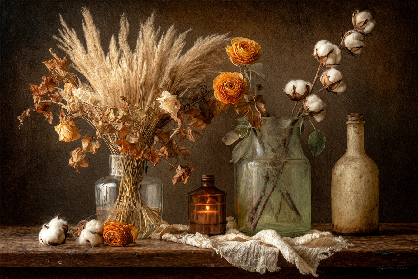 Trocken Retro Flowers Dried Flower Still Life Mit Pampasgras Rosen Und Baumwolle Glaskrüge Deko | Trockenblumen Retro Flowers | Blumen