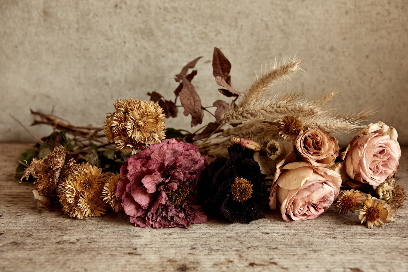 Trocken Retro Flowers Getrocknete Arrangement Rustikaler Hintergrund Erdige Farben Vintage | Trockenblumen Retro Flowers | Blumen