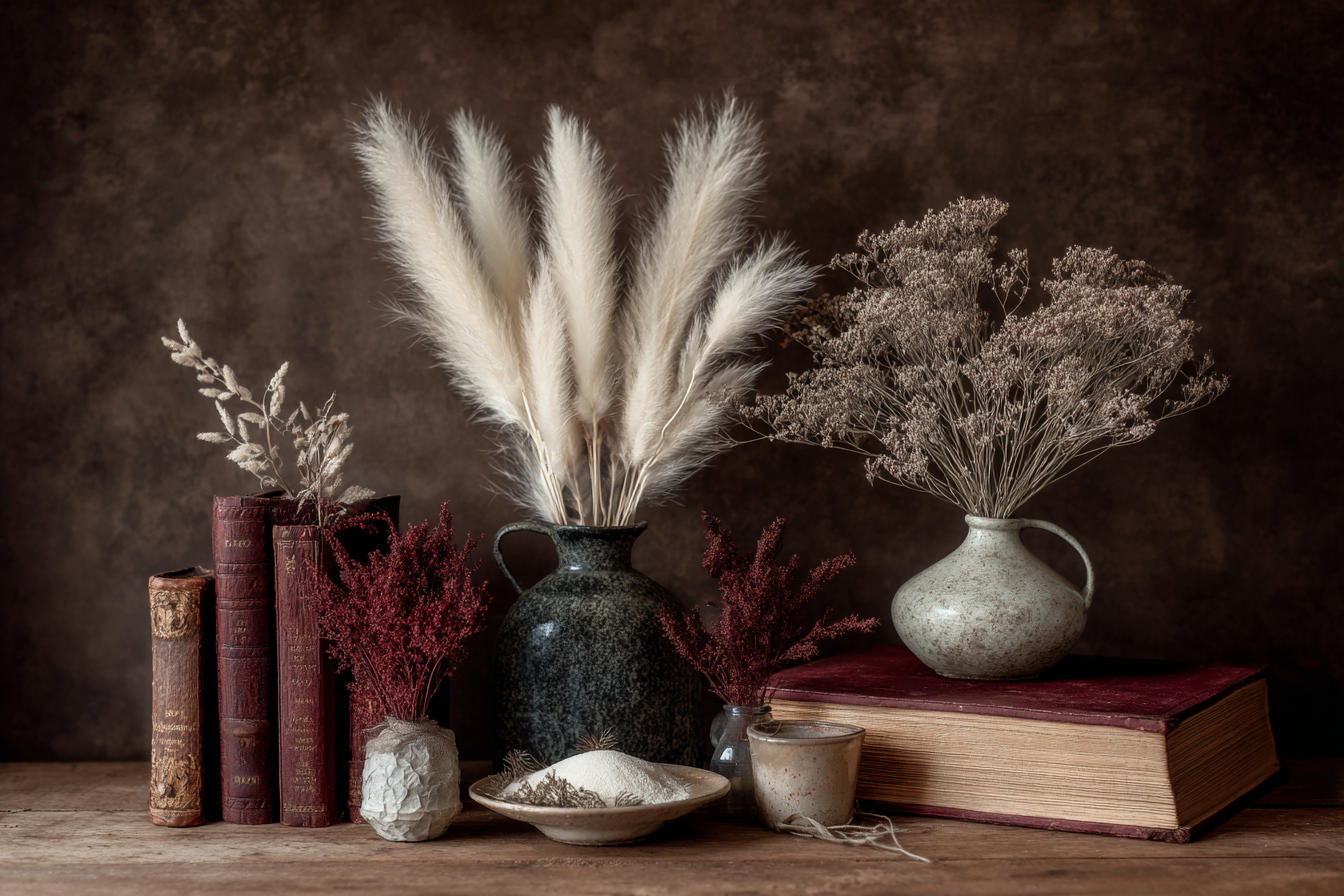 Trocken Retro Flowers Schone Still Leben Mit Alten Büchern Keramischen Vasen Dried Plants | Trockenblumen Retro Flowers | Blumen