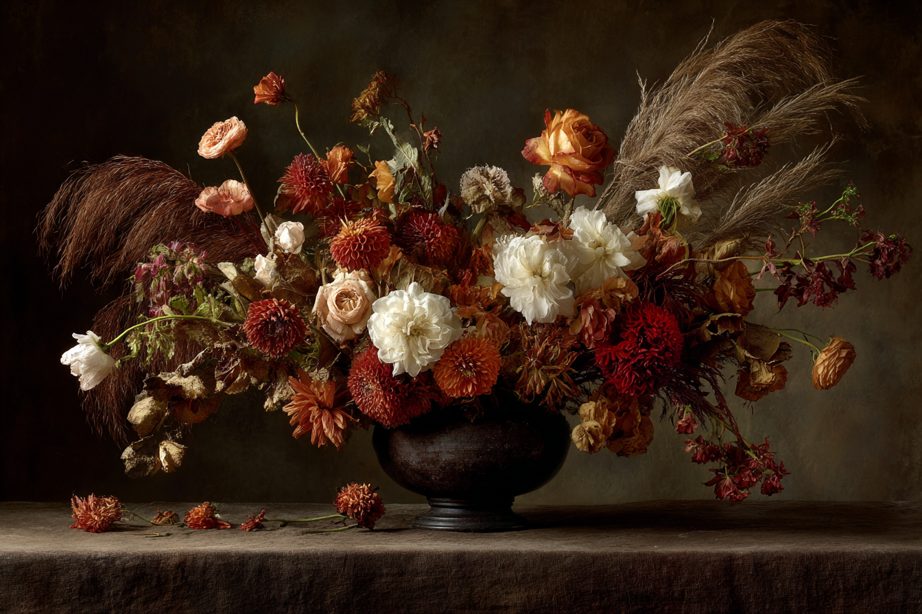 Trocken Retro Flowers Strauss Dunkle Vase Mood Background Stillleben | Trockenblumen Retro Flowers | Blumen