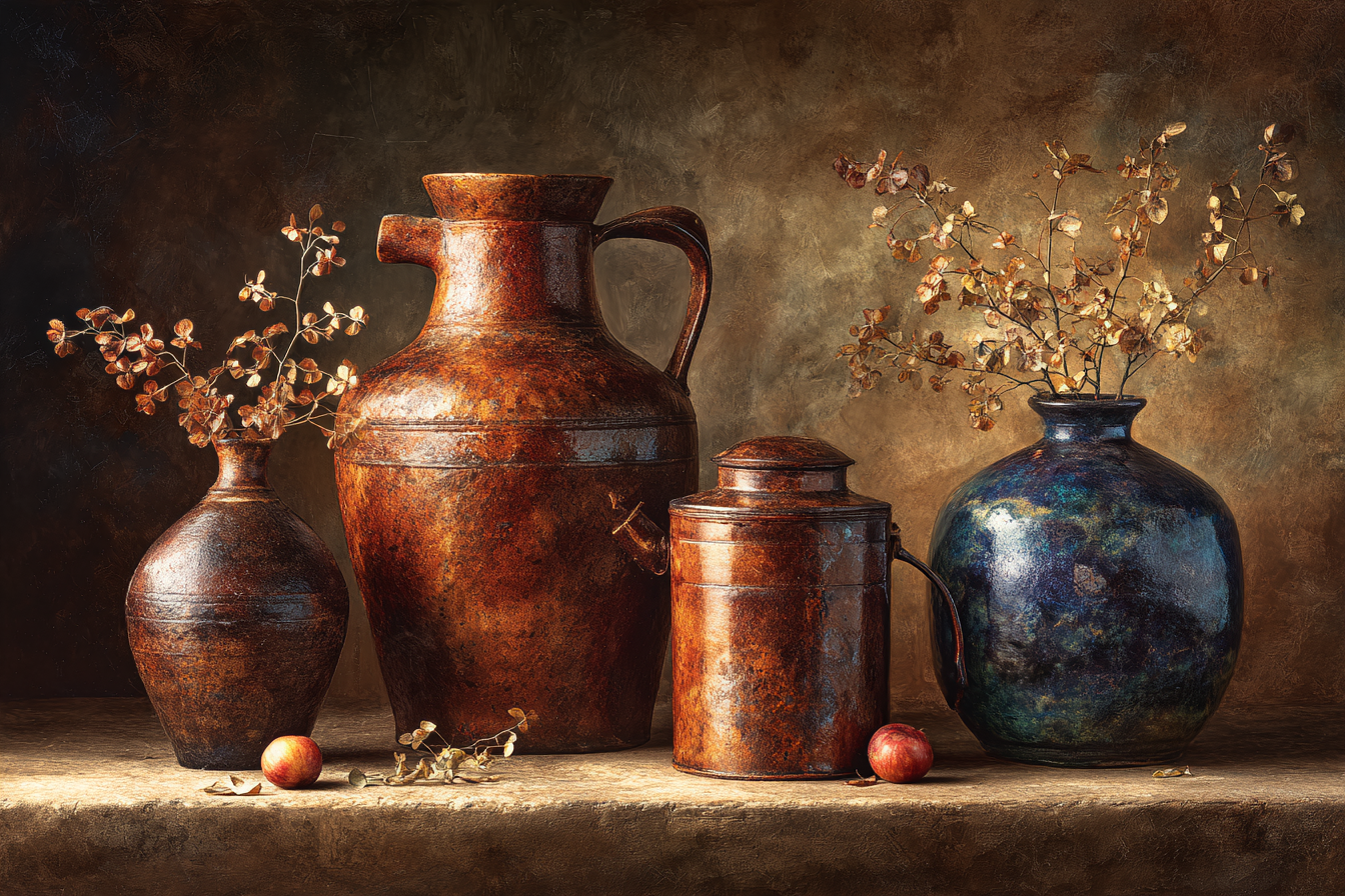 Trocken Retro Flowers Vintage Still Life Mit Topf Und Vase Im Rustikalen Stil | Trockenblumen Retro Flowers | Blumen