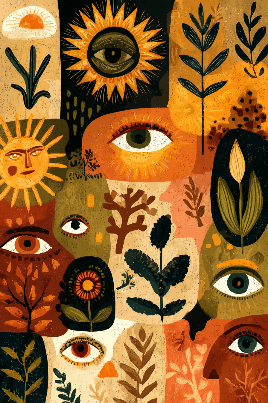 Abstrakte Collage Mit Augen Sonnenmotiven Und Pflanzen Illustrationen | Boho Eklektisch | Einrichtungsstile