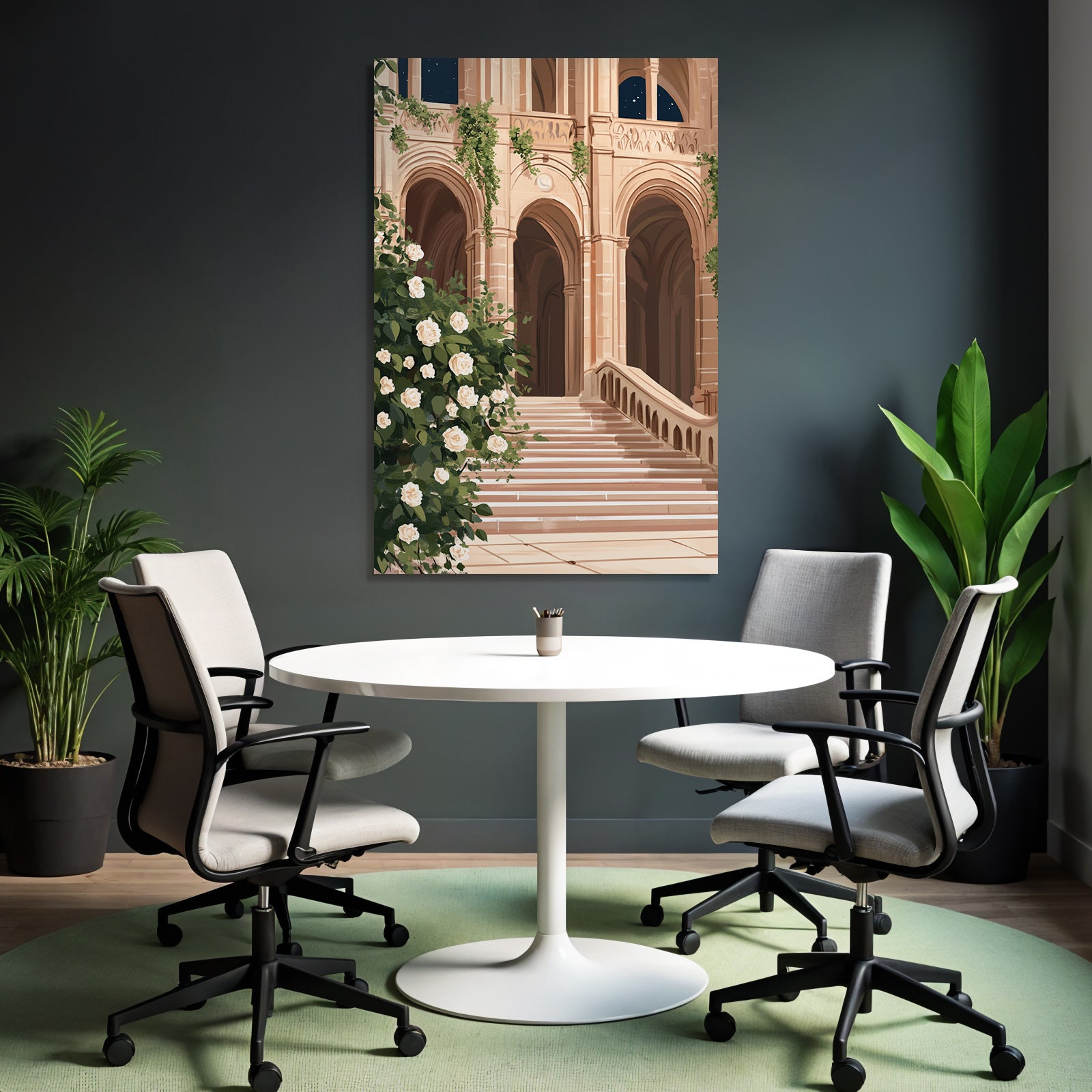 Architektur Mit Treppen Bogen Und Weissen Rosen Nacht