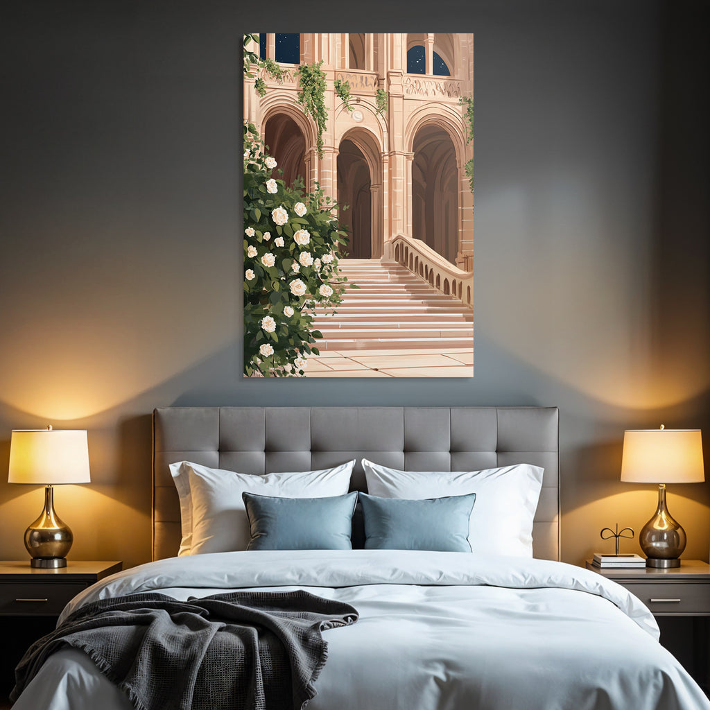 Architektur Mit Treppen Bogen Und Weissen Rosen Nacht