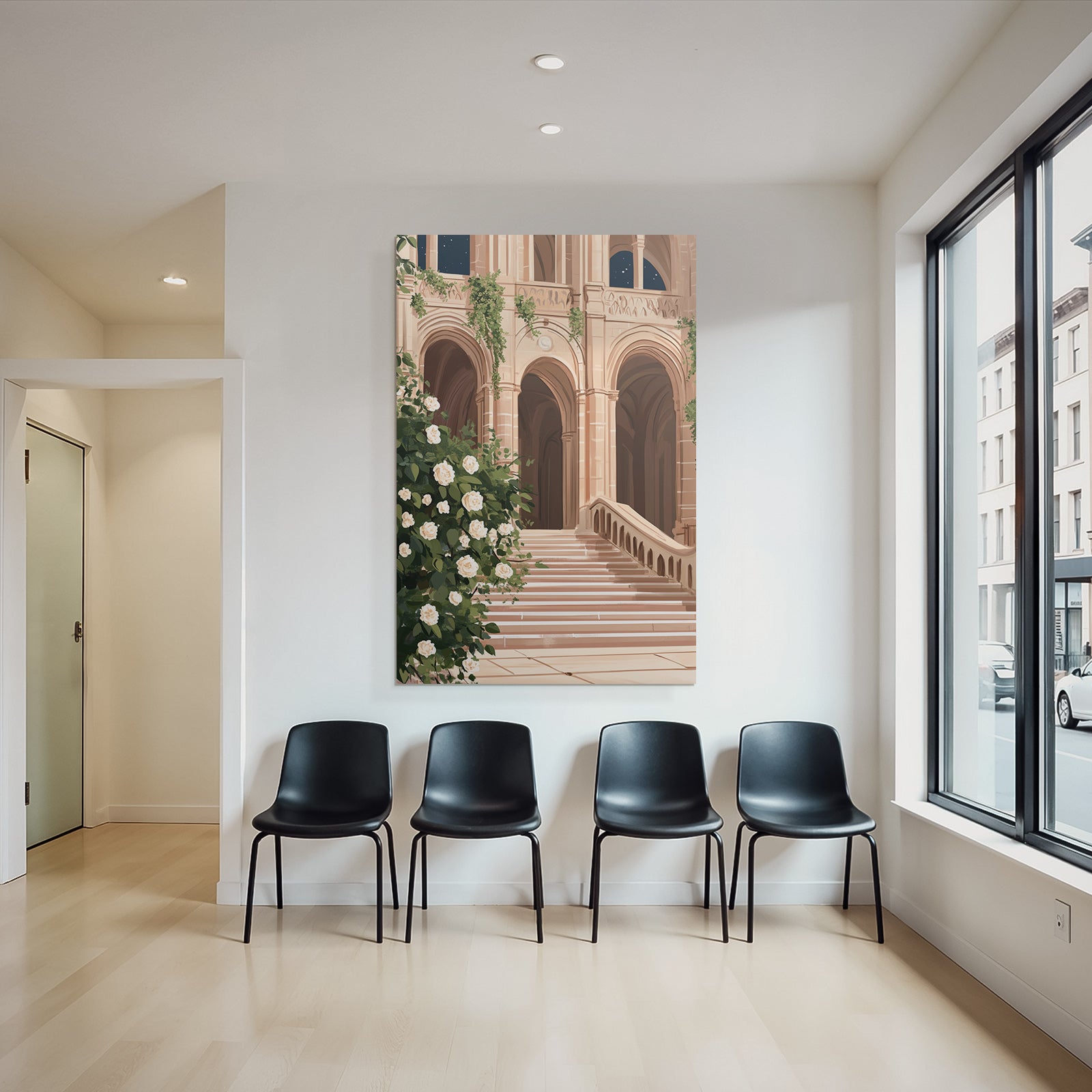 Architektur Mit Treppen Bogen Und Weissen Rosen Nacht