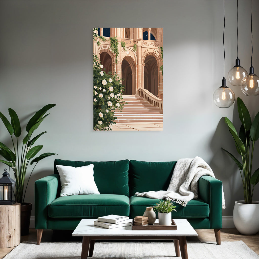Architektur Mit Treppen Bogen Und Weissen Rosen Nacht