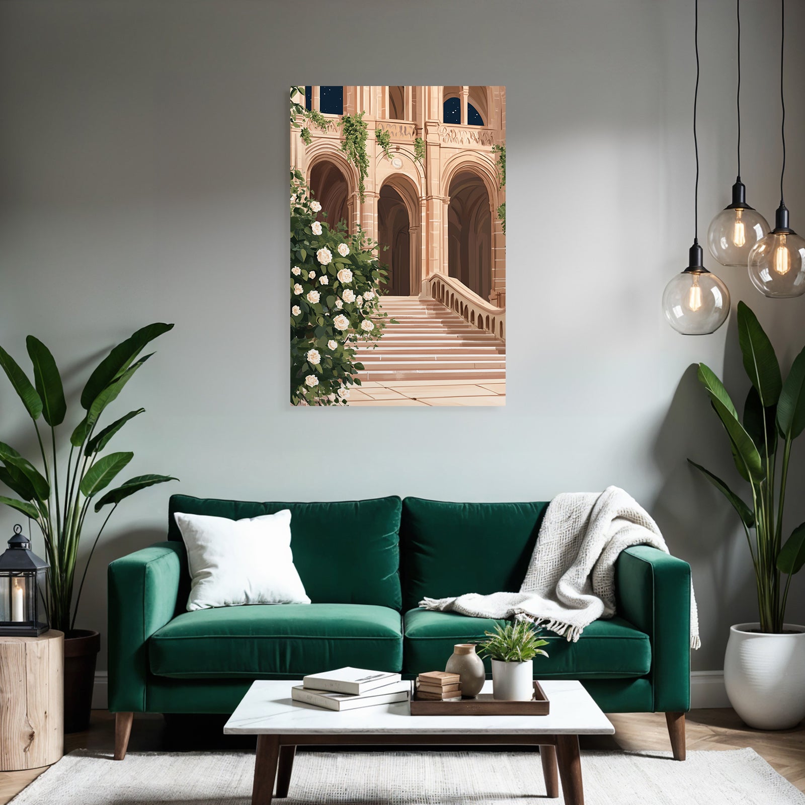 Architektur Mit Treppen Bogen Und Weissen Rosen Nacht