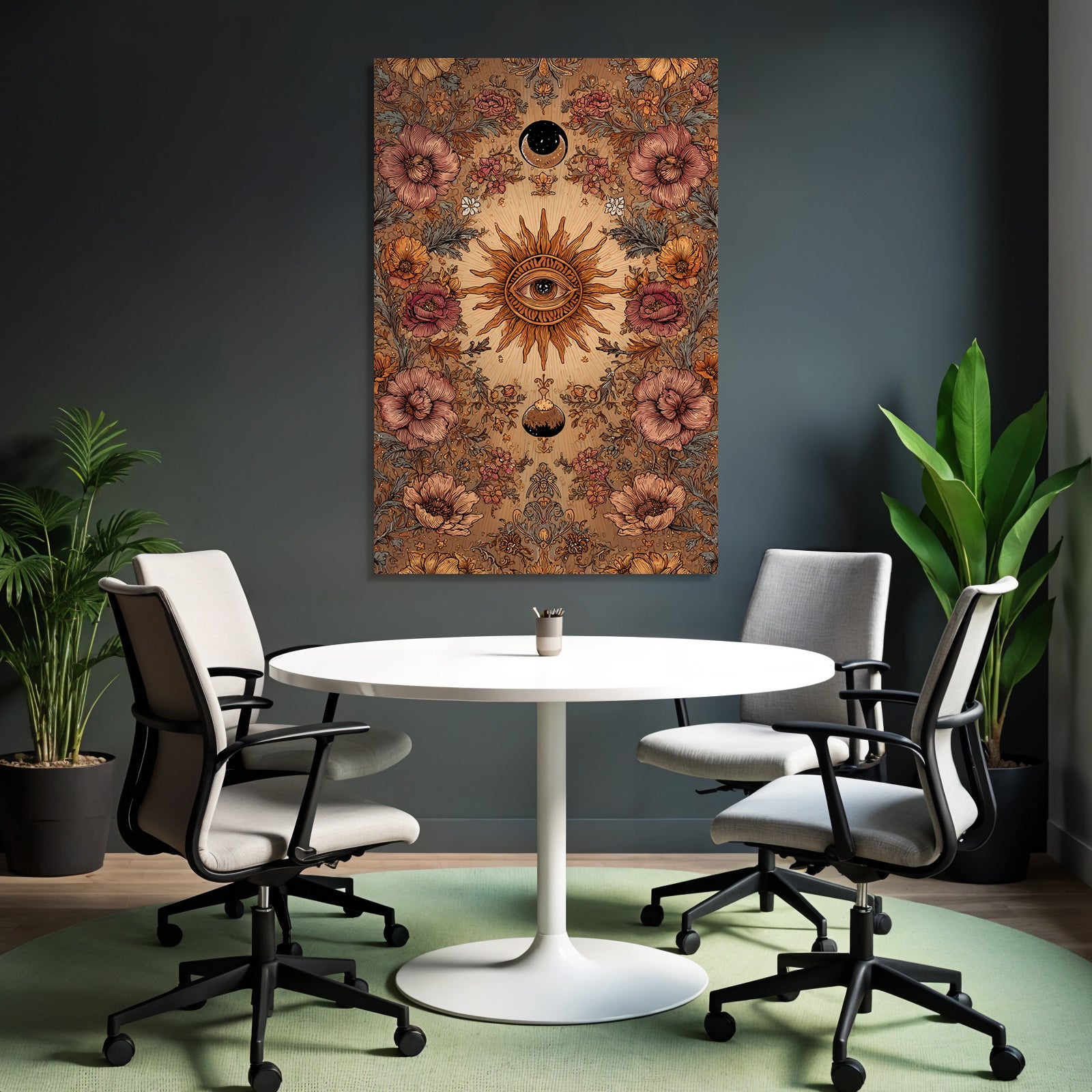 Floral Und Himmlische Kunst Mit Sonne Und Blumen Mit Mond