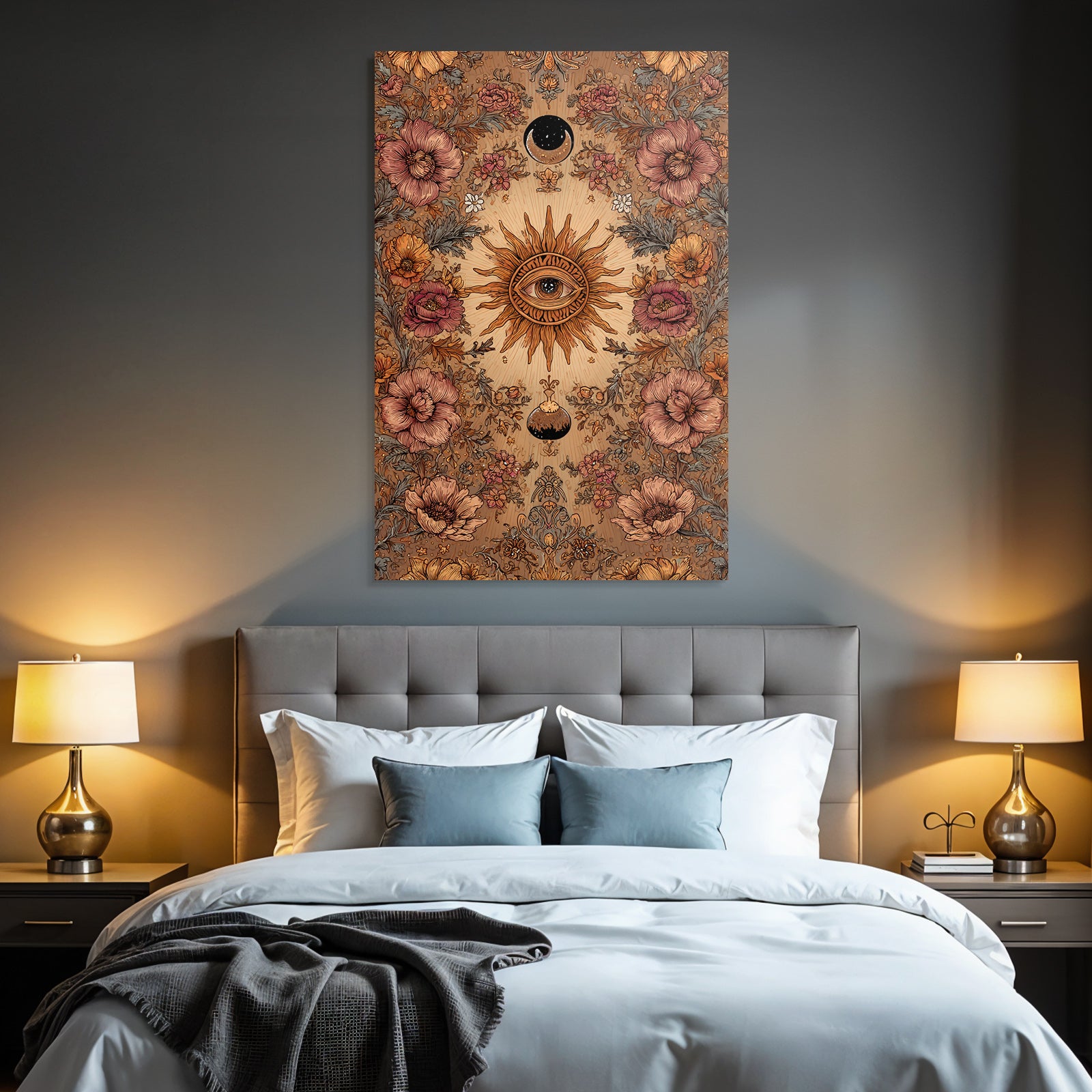 Floral Und Himmlische Kunst Mit Sonne Und Blumen Mit Mond