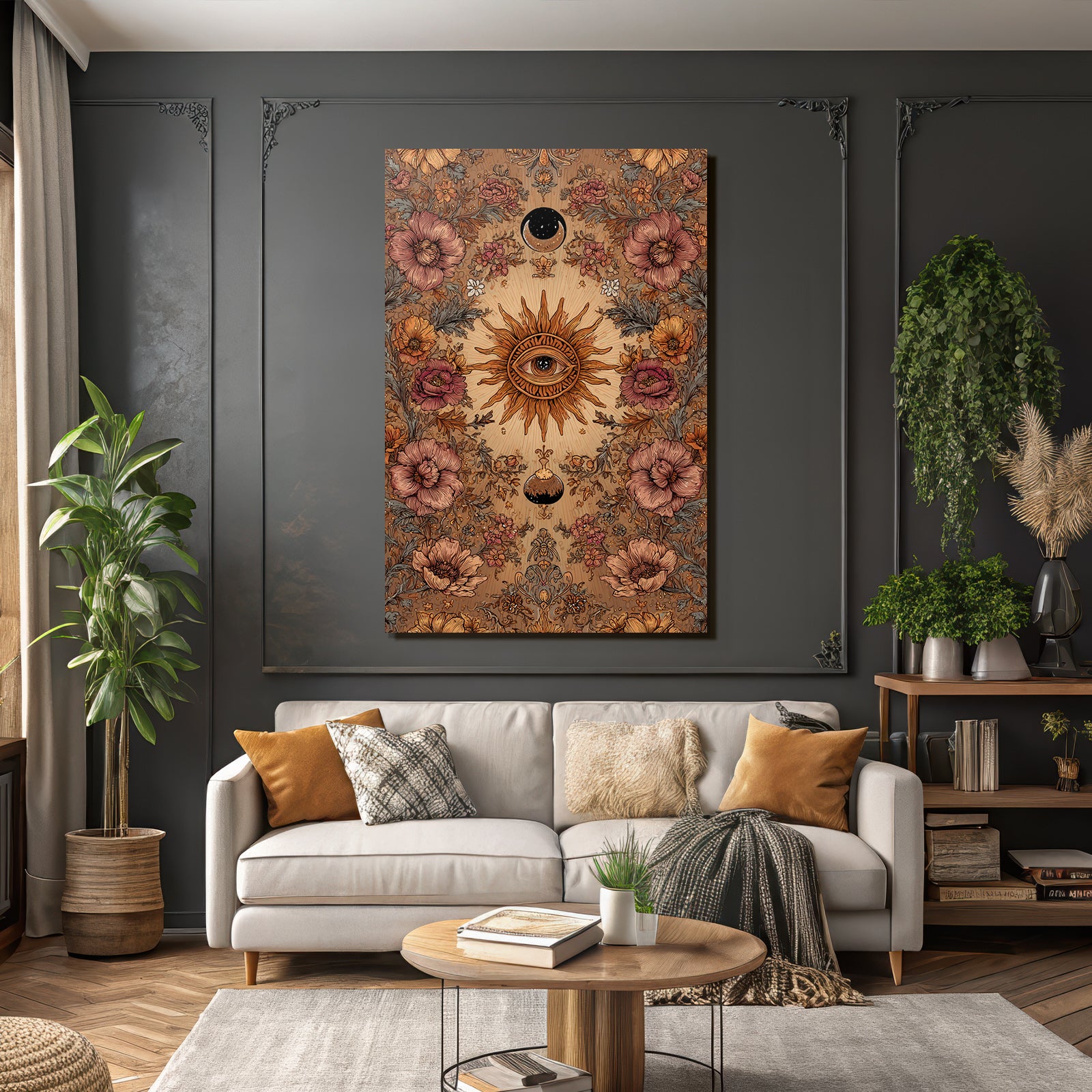 Floral Und Himmlische Kunst Mit Sonne Und Blumen Mit Mond