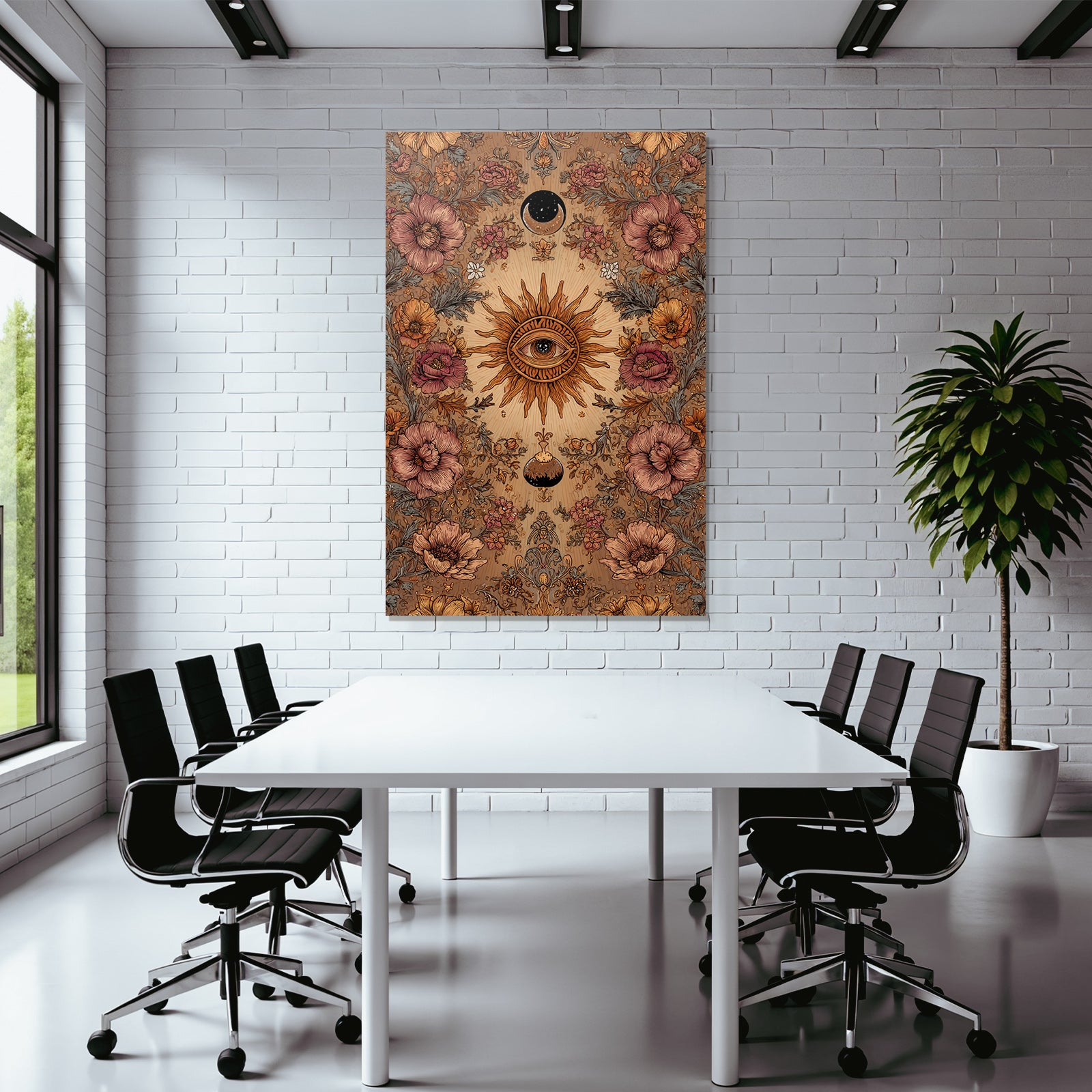 Floral Und Himmlische Kunst Mit Sonne Und Blumen Mit Mond