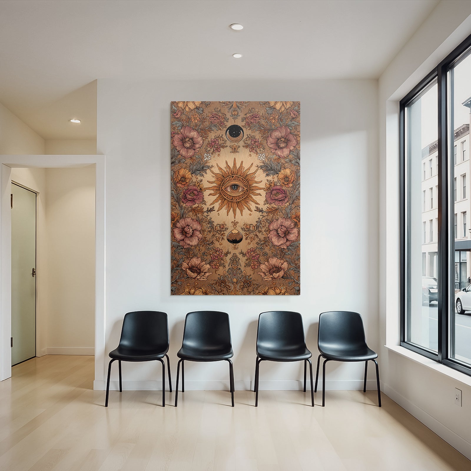 Floral Und Himmlische Kunst Mit Sonne Und Blumen Mit Mond