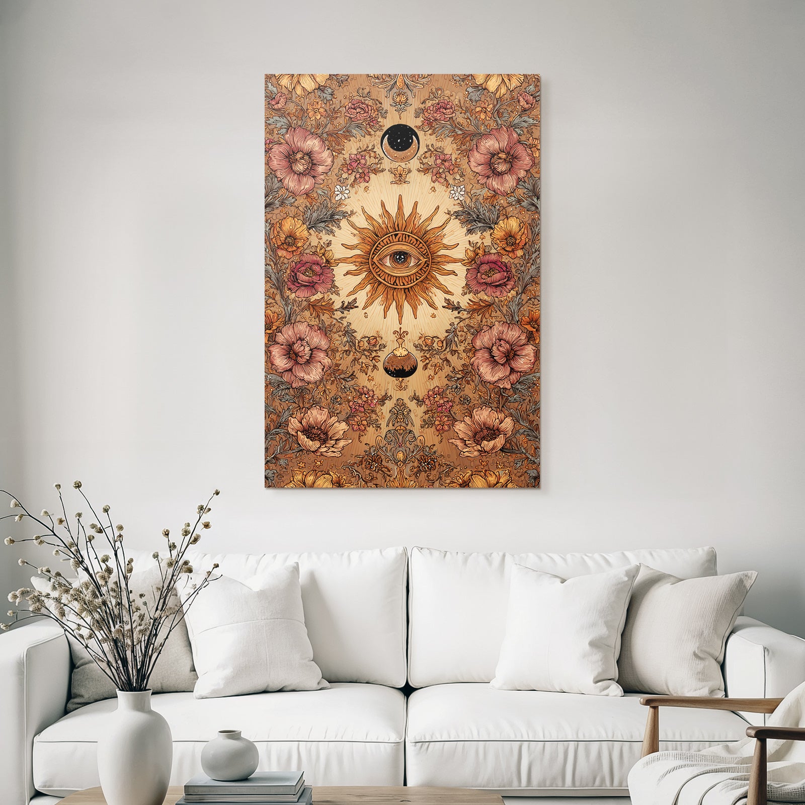 Floral Und Himmlische Kunst Mit Sonne Und Blumen Mit Mond