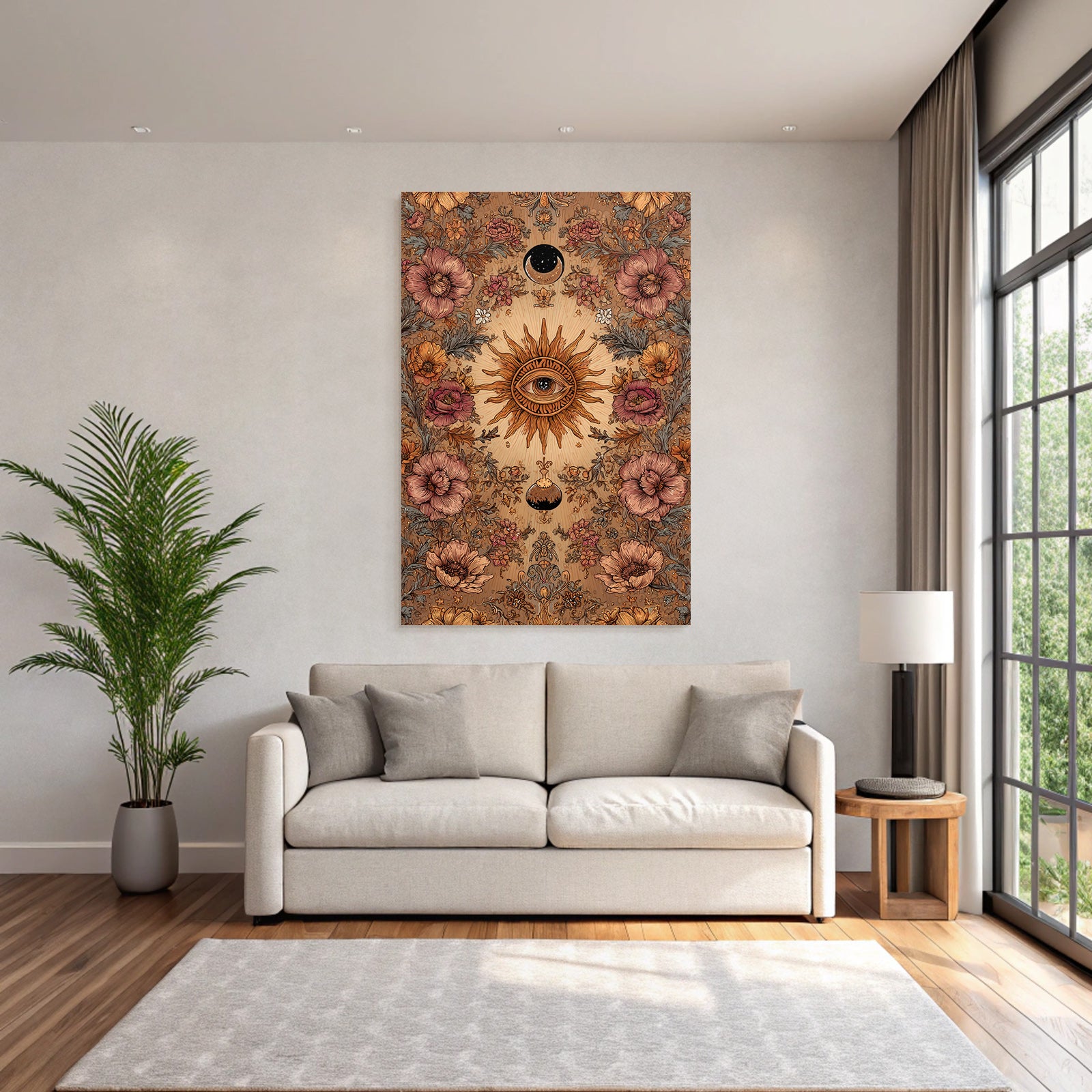 Floral Und Himmlische Kunst Mit Sonne Und Blumen Mit Mond