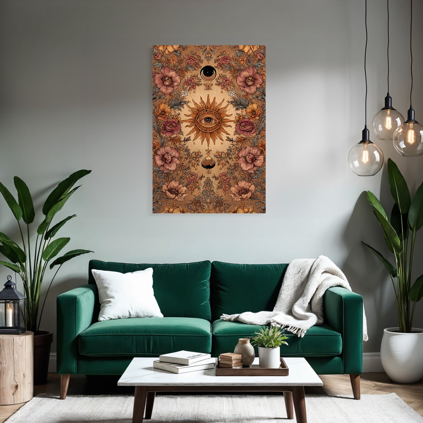 Floral Und Himmlische Kunst Mit Sonne Und Blumen Mit Mond
